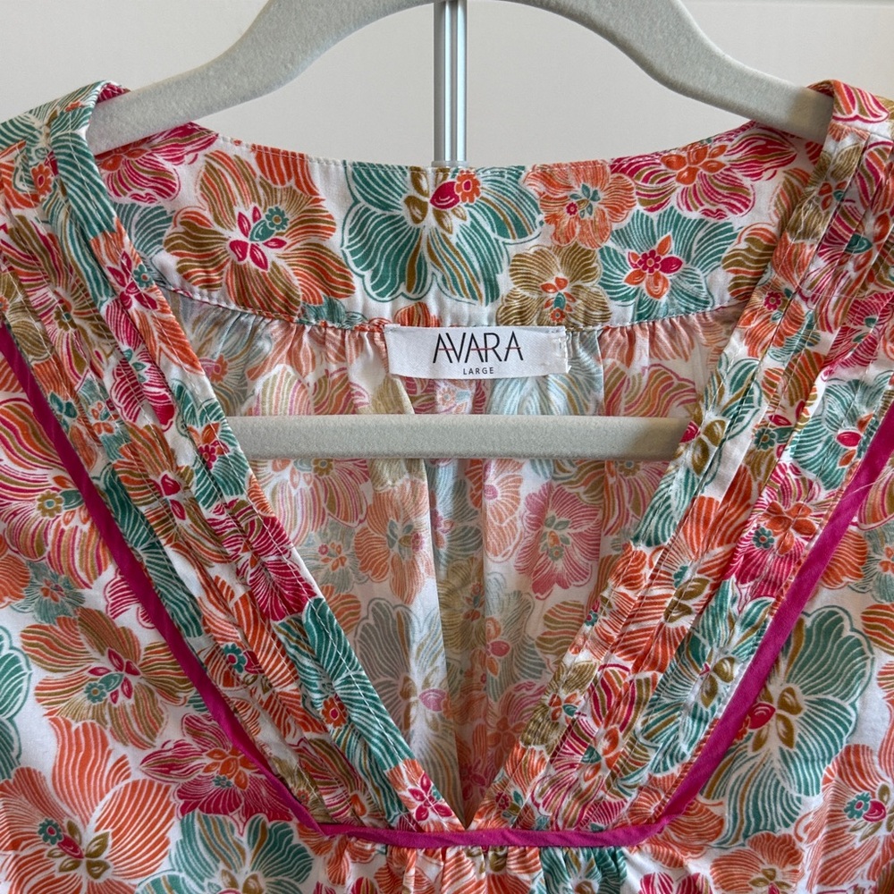 Avara Floral V-Neck Puff Sleeve Blouse — Coral, Teal & Pink - Picture 2 of 4